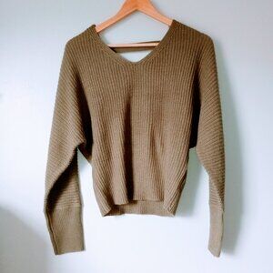 FCT Dark Green Long Sleeve Crop Top Sweater with V Shape back